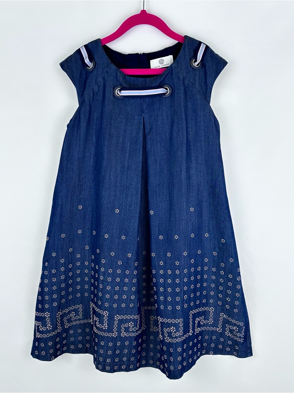 Young Versace Girls Denim Dress 8-10Y Crystal Medusa Greek Key Blue Cotton Rare